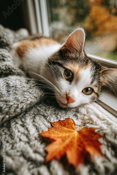 Obraz Domestic tabby and white cat relaxing indoors on gray blanket by window with autumn leaf, evoking cozy fall home atmosphere