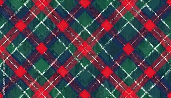 Fototapeta Woolen Tartan Plaid Pattern with Intersecting Stripes in Red Green and Navy Colors