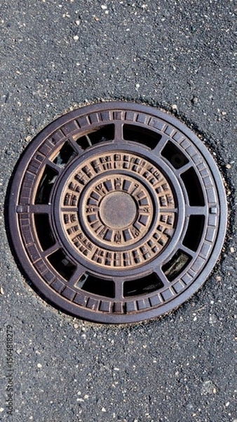Fototapeta Worn Cast Iron Manhole Cover Resting On Textured Asphalt Surface Showing Circular Pattern