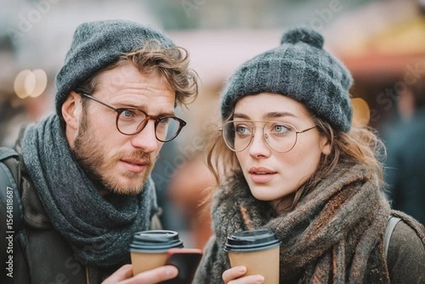 Obraz Urban millennials enjoying coffee and social connection while sharing moments on smartphone in modern outdoor lifestyle setting