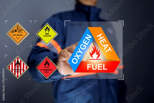 Fototapeta safety staff pointing on fire and behavior for understanding of fire source such as oxygen mixed heat and fuel for protection damage of life and property