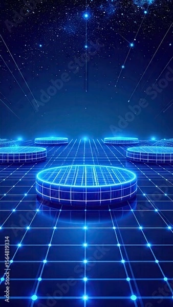 Fototapeta Abstract Digital Cyberspace Scene with Floating Platforms and Dotted Grid in Deep Blue Tones