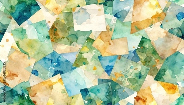 Fototapeta Abstract Watercolor Fragments Overlapping Squares In Green Blue And Brown Tones With Vintage Texture