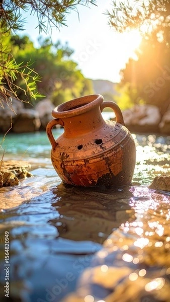 Fototapeta Ancient Amphora Resting In Shallow Water With Sunlight And Natural Background