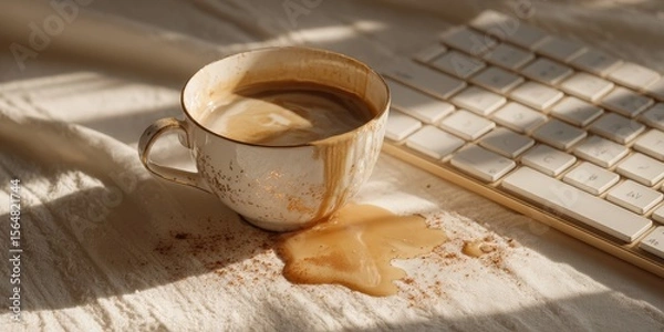 Obraz Spilled coffee and cinnamon on fabric beside keyboard in sunlit autumn home office evoke cozy remote work, morning routines, and relaxed productivity