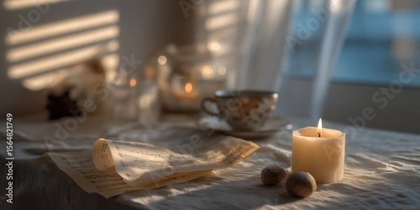 Obraz Inviting autumn workspace blends music, candlelight, and tea for creative relaxation and seasonal home inspiration
