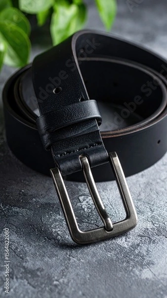 Fototapeta Close-up of a Black Leather Belt with a Silver Buckle Displaying Texture and Detail on a Textured Surface