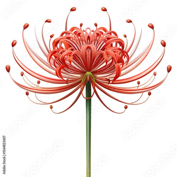 Fototapeta A vibrant red spider lily flower with a green stem is isolated on transparent background