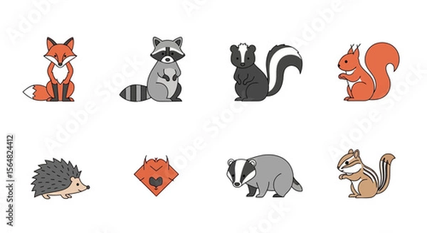Fototapeta Vector cute woodland animals vector illustration featuring fox raccoon skunk squirrel hedgehog badger chipmunk art