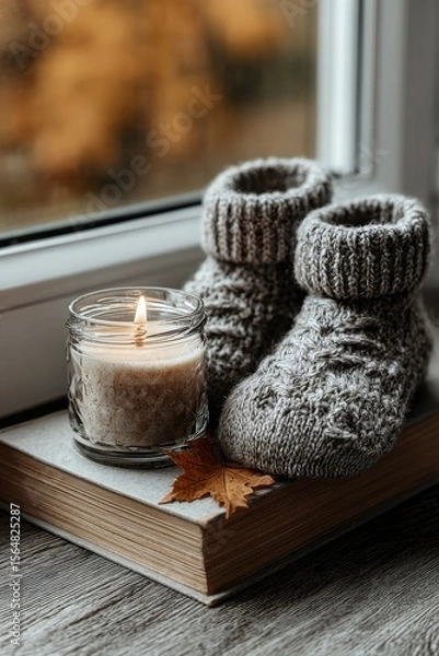Obraz Autumn relaxation theme with cozy socks, candle, book, and maple leaf on windowsill, evoking warmth and comfort for seasonal marketing or lifestyle promotions