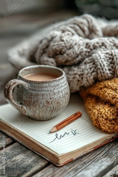 Obraz Warm autumn lifestyle scene featuring tea, knitted blanket, and handwritten notebook on rustic wood, ideal for themes of comfort, mindfulness, and seasonal marketing