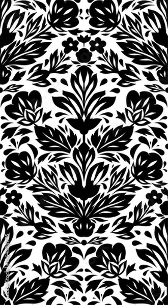 Fototapeta Vector monochrome decorative pattern with flower arrangement. Seamless texture with black print of stylized flowers in folk art style