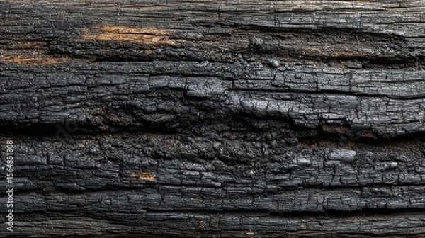 Obraz High-quality photo of burnt wooden texture background. Rough black wood surface caused by burning fire. Dark material made from coal or charcoal.