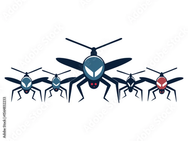 Obraz A group of stylized mosquitoes with helicopter rotors and glowing red eyes on a white background
