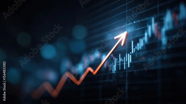 Fototapeta High-quality photo of growth arrow up and progress success business skill increase improvement graph on market profit stock background with goal of achievement futuristic finance.
