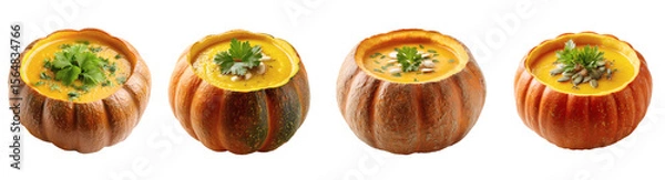 Fototapeta Autumn Pumpkin Soup Garnished with Parsley and Pumpkin Seeds, Served Inside the Hollowed Vegetable Shell, PNG set with transparent background