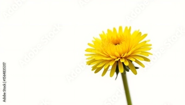 Fototapeta Photorealistic image of a Taraxacum flower isolated on white. Bright yellow bloom with jagged green leaves. Botanical macro with soft light and natural detail.