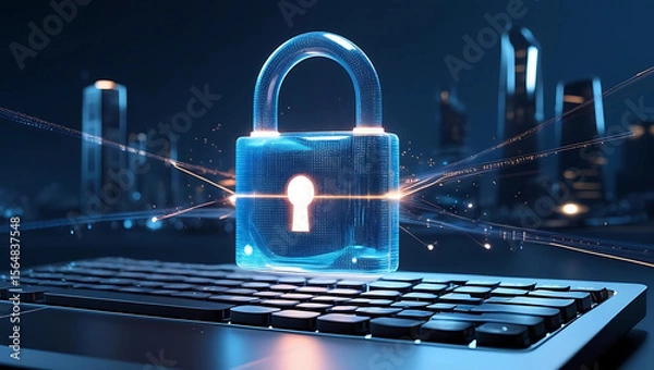 Fototapeta Cybersecurity Lock Above Laptop, Digital Protection Padlock in Dark Tech Style, Online Safety Icon Over Keyboard,  A lock that is showing protection, generative ai