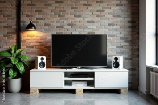 Fototapeta A modern living room features a TV, speakers, and decorative plants in an industrialstyle space. Reuse of wooden pallets, care for the environment. secondary raw materials and recycling
