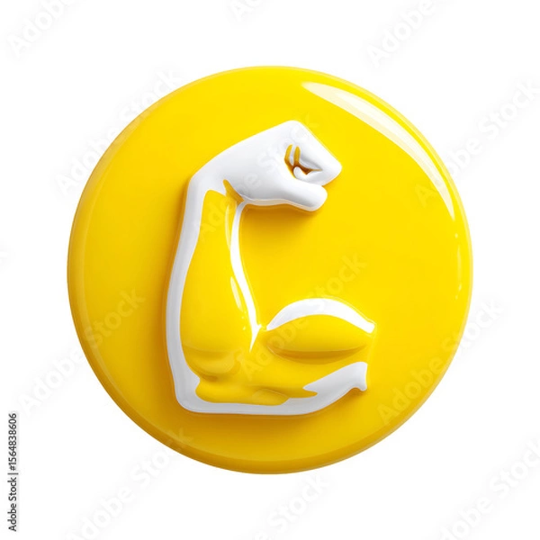 Fototapeta Glossy Yellow Arm Flexing Bicep Emoji on yellow rounded shape, transparent background.