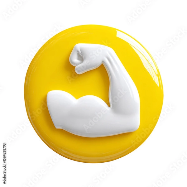 Fototapeta Glossy Yellow Arm Flexing Bicep Emoji on yellow rounded shape, transparent background.