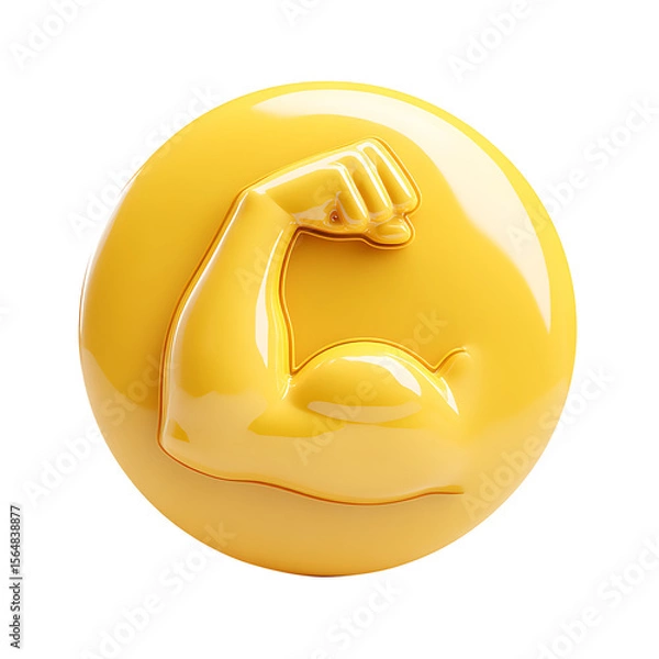 Fototapeta Glossy Yellow Arm Flexing Bicep Emoji on yellow rounded shape, transparent background.