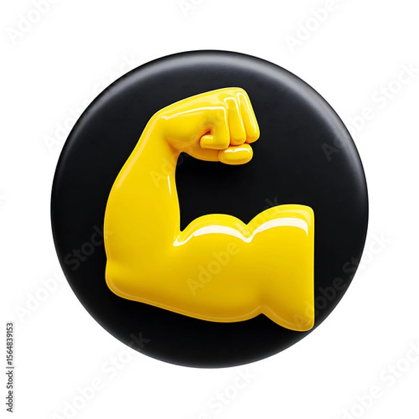 Fototapeta Glossy Yellow Arm Flexing Bicep Emoji on black rounded shape, transparent background.