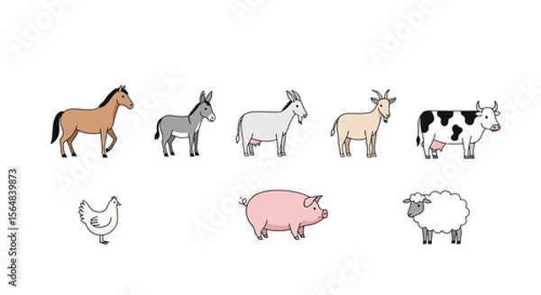 Fototapeta Vector illustration of farm animals including horse donkey goat cow pig sheep and chicken vector graphics