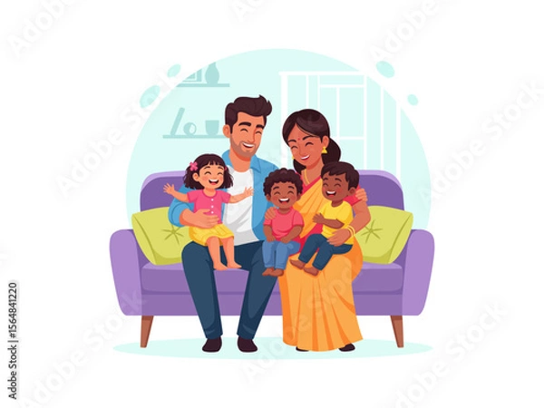 Obraz Vector illustration: A happy multiethnic family (parents and little children) having fun at home, sitting together on a sofa. Portrait of an Indian family laughing together on a couch.