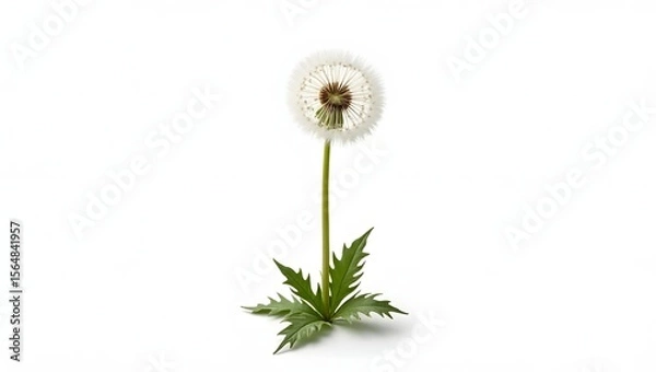 Fototapeta Photorealistic image of a dandelion seed head isolated on white. Airy white puffball with jagged green leaves. Botanical macro with soft light and natural detail.