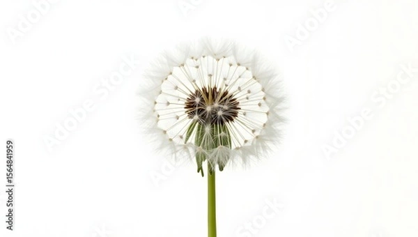 Fototapeta Photorealistic image of a dandelion seed head isolated on white. Airy white puffball with jagged green leaves. Botanical macro with soft light and natural detail.