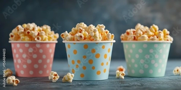 Fototapeta Colorful popcorn cups filled with fresh buttery popcorn on a textured background