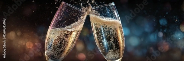 Fototapeta Two glasses clinking together in celebration with sparkling bubbles during a festive evening