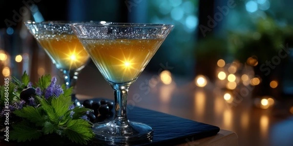 Fototapeta Elegant cocktails glimmering with candlelight at a festive evening gathering in a cozy setting