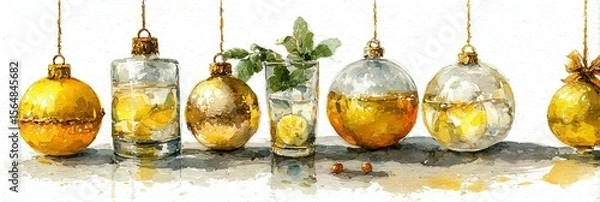 Fototapeta Decorative gold ornaments with lemon slices and greenery arranged on a table for festive occasions