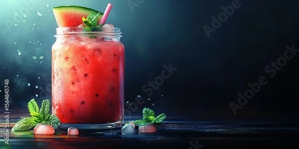 Fototapeta Refreshing watermelon drink served with mint in a darkened background