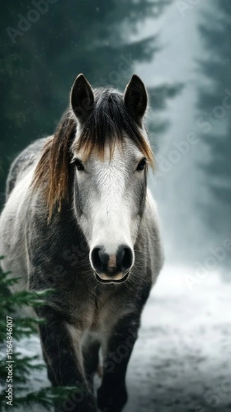 Fototapeta Horse walking through a misty forest path with soft light filtering through the trees in the early morning