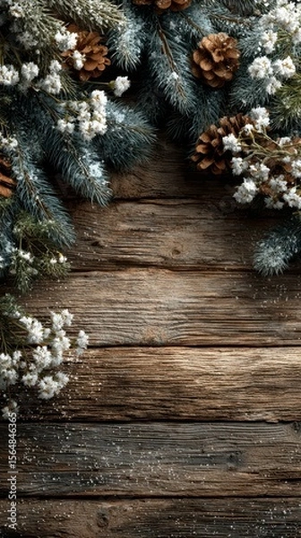 Fototapeta Rustic winter arrangement with pinecones and frosty foliage on wooden table