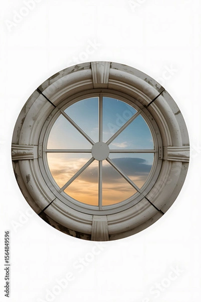 Fototapeta Round window, sunset view, serene sky.
