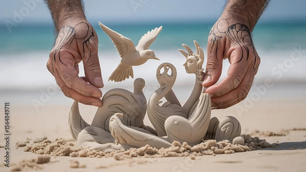 Fototapeta Hands build sand sculptures of birds and figures on the beach.

