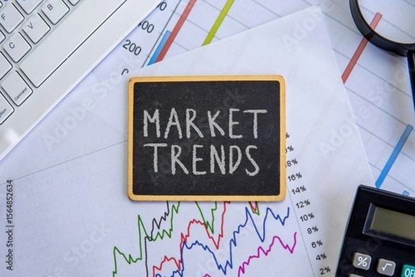 Obraz A small blackboard with word "MARKET TRENDS" placed on a colorful line graph. Financial analysis, business intelligence, and economic forecasting concept.