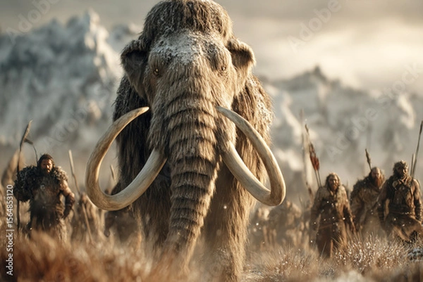 Obraz Mammoth confronted by primitive hunters in snowy mountains during the Ice Age