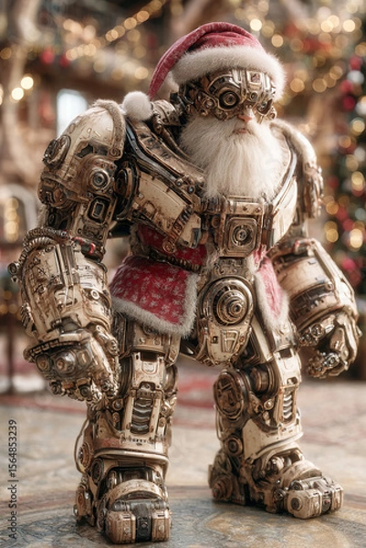 Obraz Robot chrome exoskeleton Santa Claus stands near a decorated quantum fir tree in festive setting