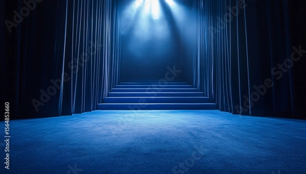 Fototapeta Blue Carpeted Stage with Spotlight and Stairs