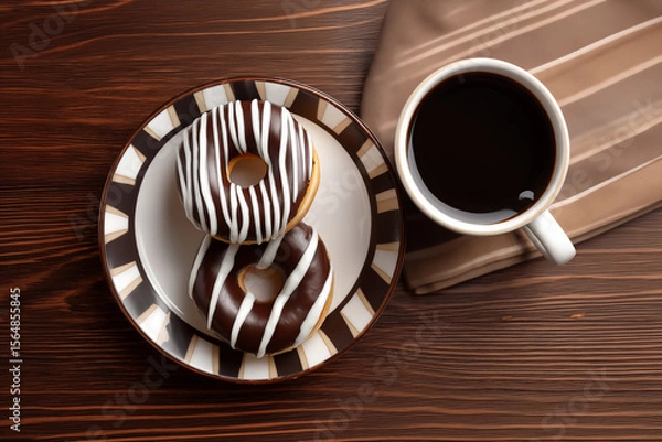 Fototapeta Chocolate donuts with powdered sugar glaze and a cup of coffee on a wooden table. Delicious breakfast or snack.