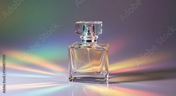 Fototapeta A clear glass perfume bottle, beautifully lit with iridescent light Modern and elegant perfume bottle illuminated by stunning prismatic light, highlighting its design.