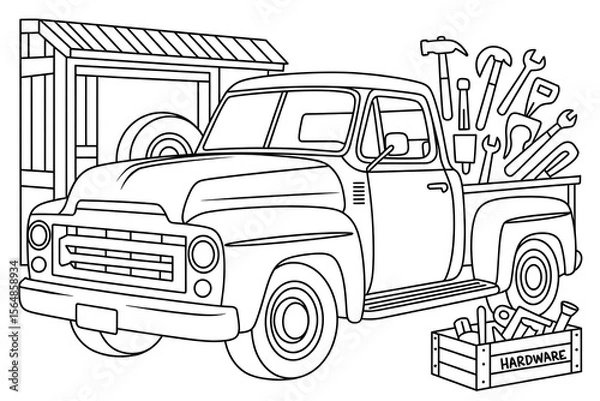 Fototapeta Vintage truck loaded with tools, ready for work.
