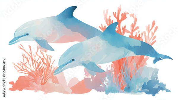 Obraz Vector illustration of a pair of dolphins in the ocean, watercolor paint.