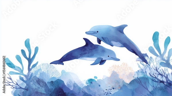 Obraz Vector illustration of a pair of dolphins in the ocean, watercolor paint.