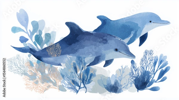 Obraz Vector illustration of a pair of dolphins in the ocean, watercolor paint.